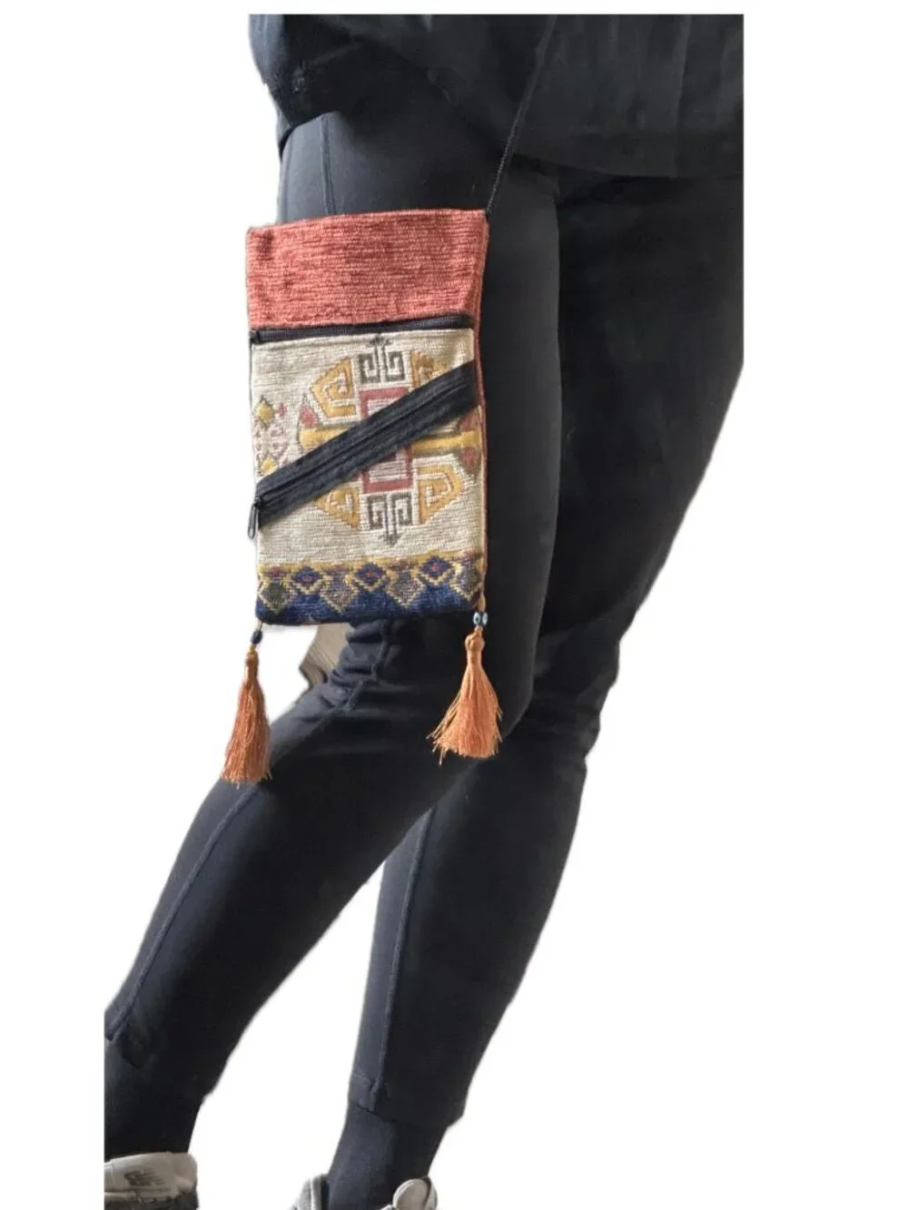 Hediyeler Yundasi Boho Crossbody Tassel bag Turkish Weave Orange Gold